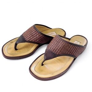 Coach Vintage Woven Brown Square Toe Leather Flat Thong Sandals 7